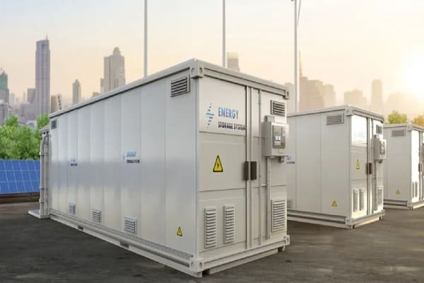 A 40ft containerized energy storage system at a large solar farm