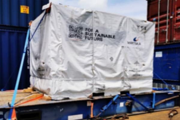 Container ship on rough seas showing potential for cargo movement