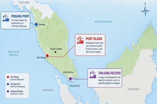 Map of Malaysia highlighting Port Klang, Penang, and Tanjung Pelepas