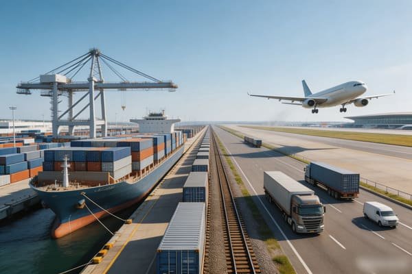 A single document being stamped, with cargo ships, trucks, and trains in the background