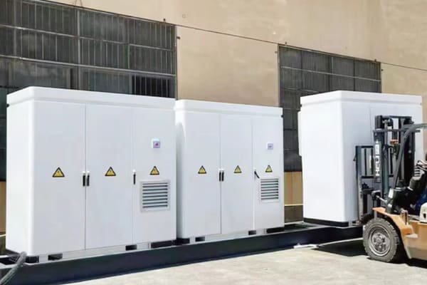 Multiple energy storage cabinets shrink-wrapped and strapped onto a large wooden pallet.