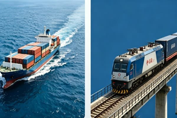 A cargo ship with containers being loaded at a port, representing international shipping to Poland