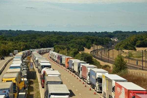 Aerial view of a congested port with many containers