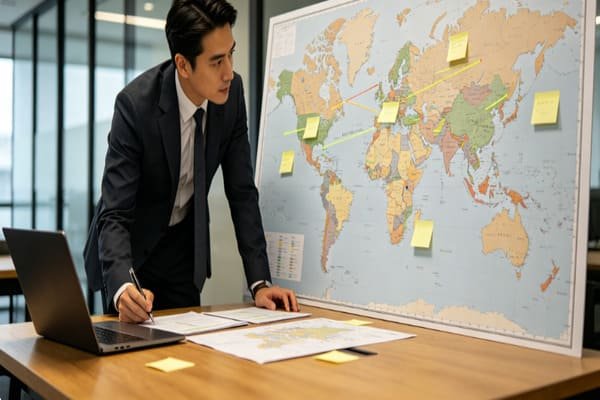 A business person looking at a world map, planning sourcing strategies