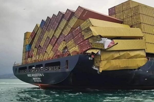 A rusty, damaged shipping container next to a pristine new one.