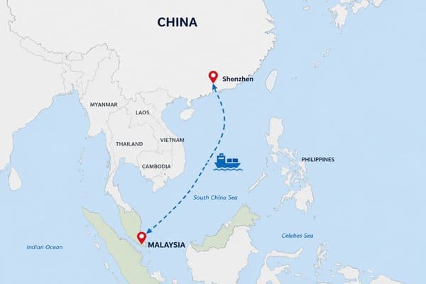 A container ship loaded with electronics cargo sailing from China to Malaysia