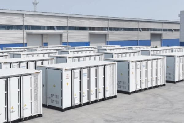 An energy storage cabinet being loaded into a shipping container