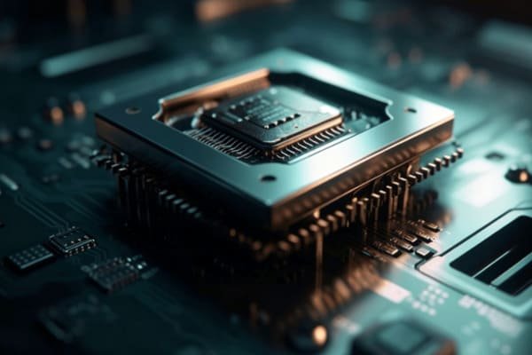 An image of a semiconductor chip and a solar panel with a red X over them