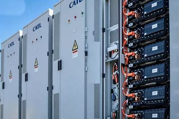 An energy storage cabinet being prepared for shipping with protective packaging