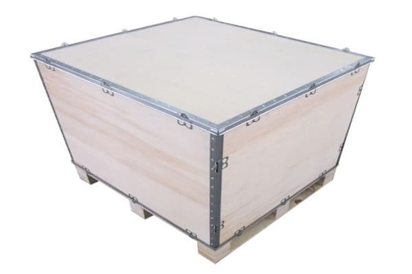 A wooden crate reinforced with external steel strapping