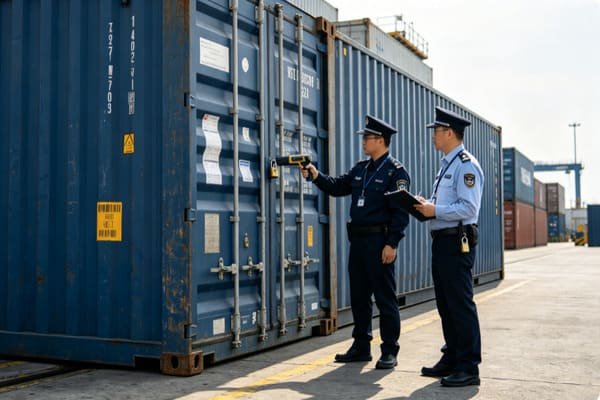 A container being inspected by customs officials