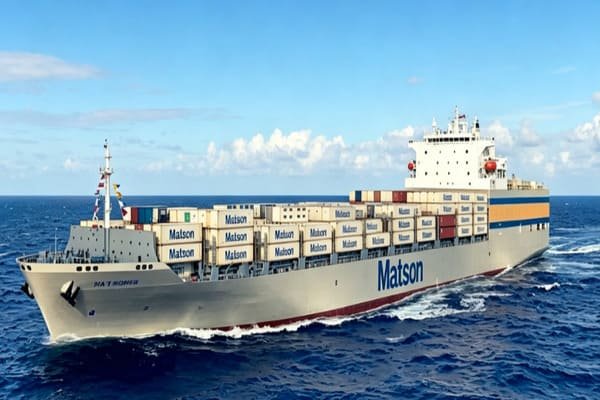 A Matson container ship moving quickly across the water