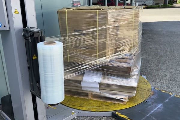A pallet being wrapped with stretch film