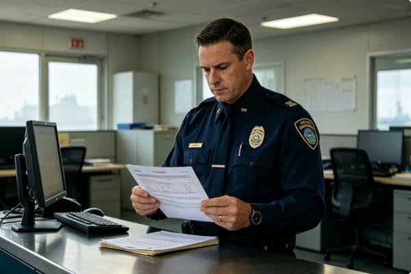 A customs officer inspecting documents at a US port
