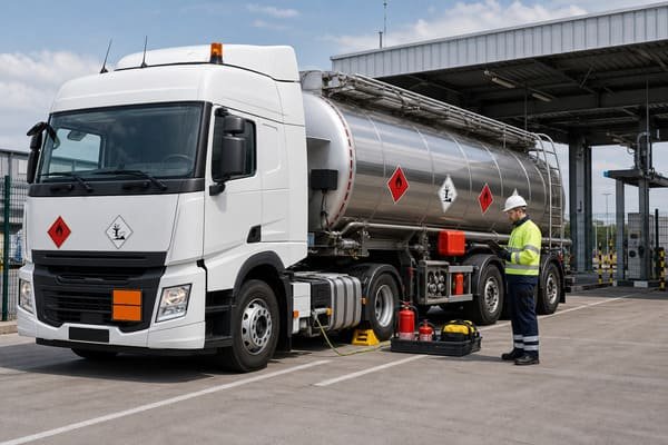 A specialized dangerous goods vehicle with hazard placards, a key part of choosing a truck model for DG cargo.