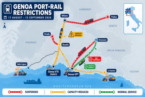 Simplified route map: red for suspended, yellow for capacity‑reduced, green for normal rail lines