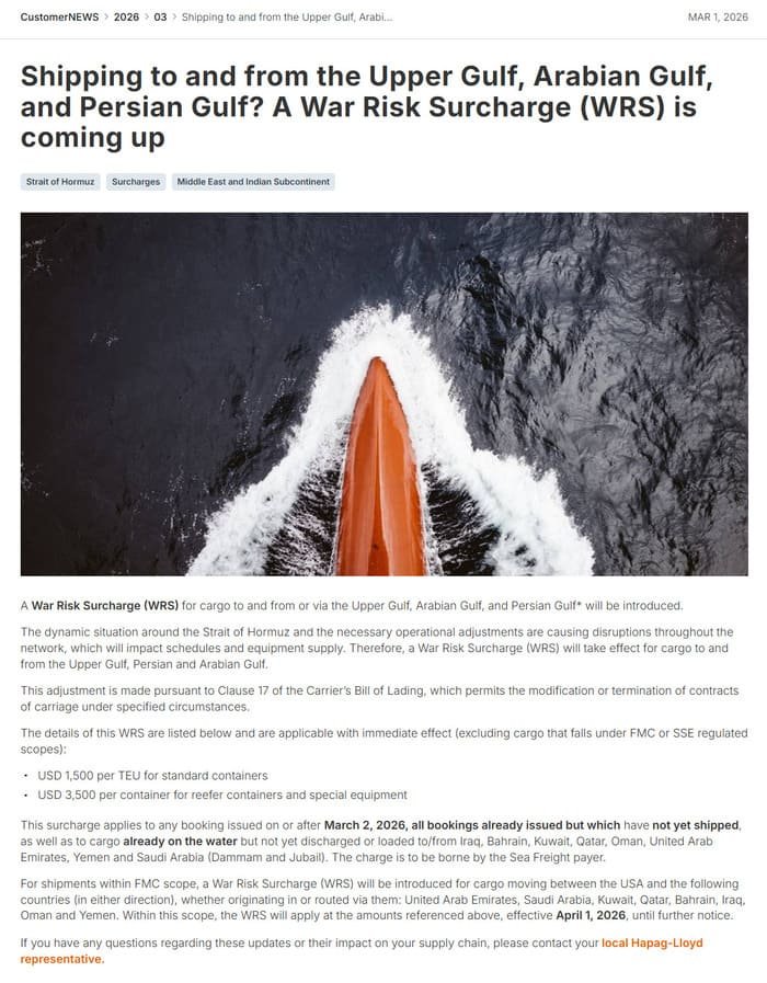 Hapag-Lloyd War Risk Surcharge Adjustment