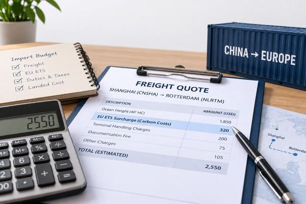 A calculator and a pen on top of shipping documents