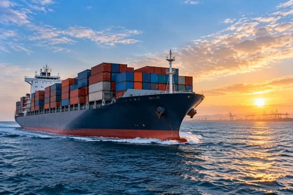 A cargo ship with containers stacked on deck, sailing on the open sea, representing international shipping and trade.