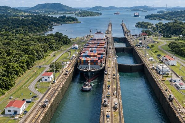 An aerial view of the Panama Canal showing its strategic location