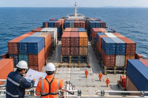 View of a container ship deck showing planned stowage of containers