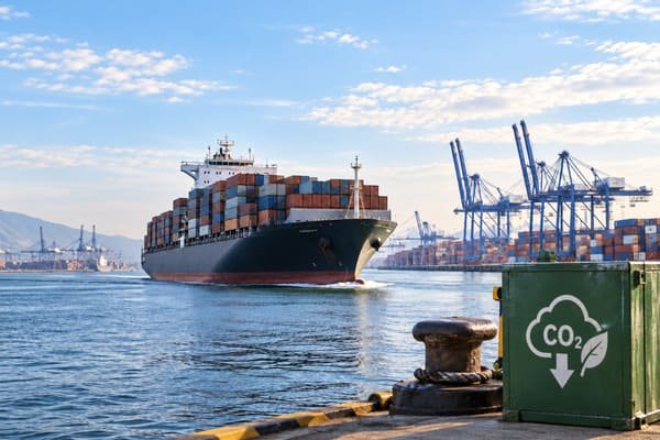 A container ship with EU and China flags, symbolizing trade and regulation