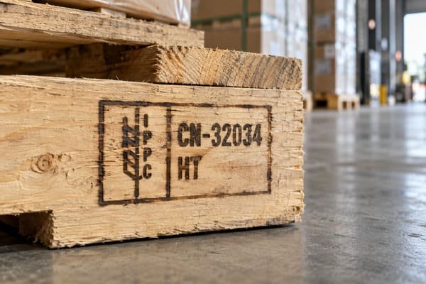 IPPC ISPM 15 stamp on wooden pallet for export from China