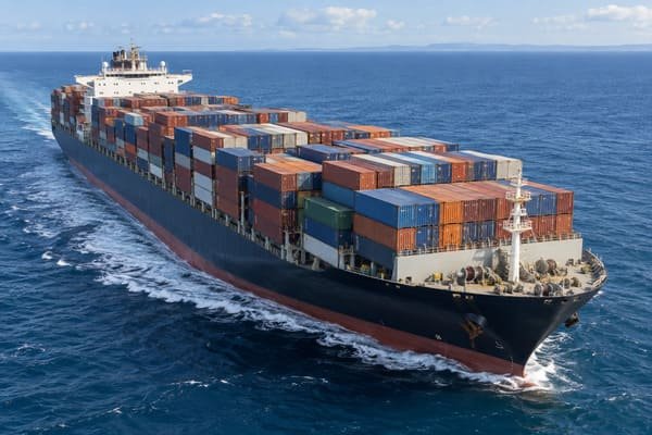 A container ship sailing on the ocean with a focus on on-deck containers