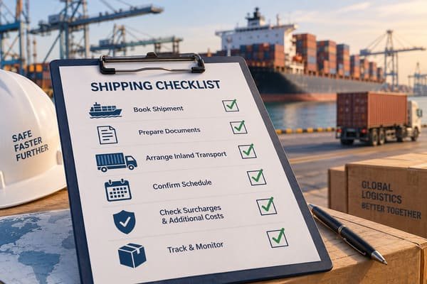 A checklist on a clipboard with shipping-related icons like a ship, truck, and calendar
