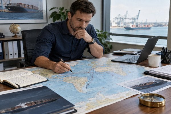 A person at a desk looking at a map and planning shipping routes