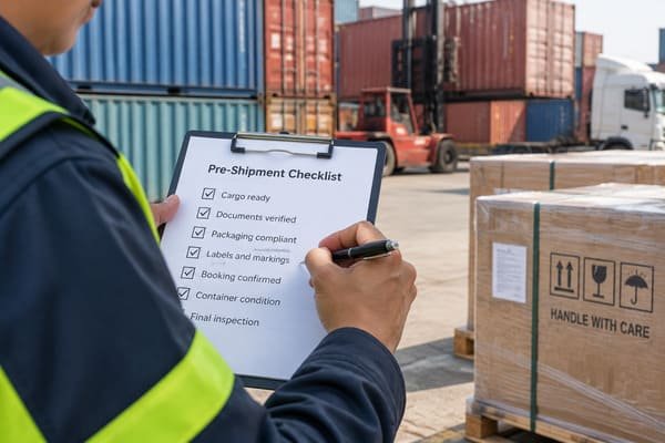 A person with a clipboard checking off items on a pre-shipment checklist