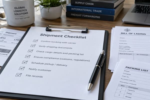 A clipboard with a checklist on it, next to a pen and shipping documents on a desk.