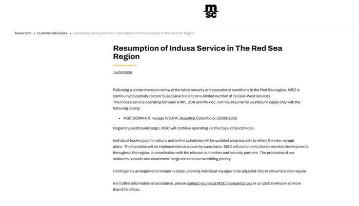 Resumption of Indusa Service in The Red Sea Region