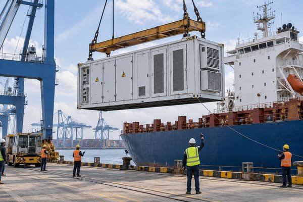 An energy storage container being loaded onto a cargo ship