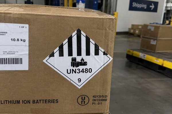 A close-up of a UN3480 Class 9 dangerous goods label on a package