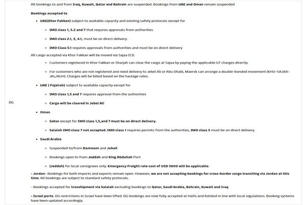 Suspension of Bookings, Loading Restrictions, and Exceptions for Dangerous Goods to Select Destinations in the Middle East